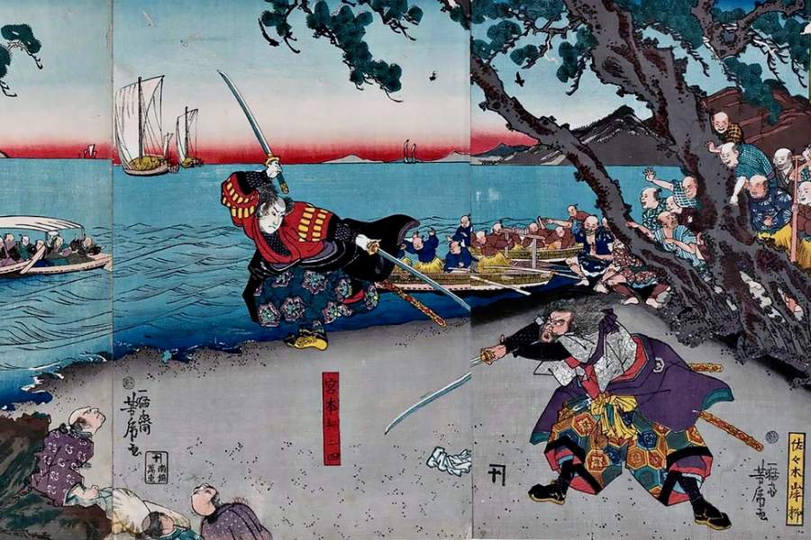 Miyamoto Musashi fights Sasaki Kojiro at Ganryu-jima island from the Edo period