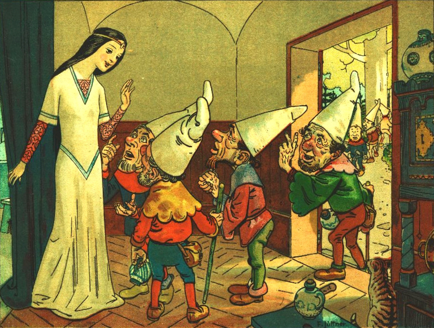 Illustrasi Snow White dan para kurcaci karya Franz Jüttner dalam kisah Sneewittchen yang dibuat tahun 1905.