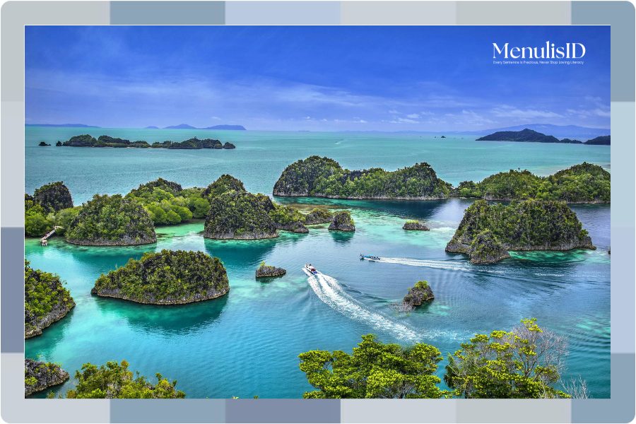 Pemandangan Kepulauan Raja Ampat, Surga bawah laut dengan air jernih dan ekosistem laut tropis.